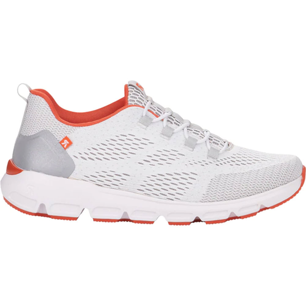 White and grey Revolution lightweight trainers with orange accents and shock absorption.