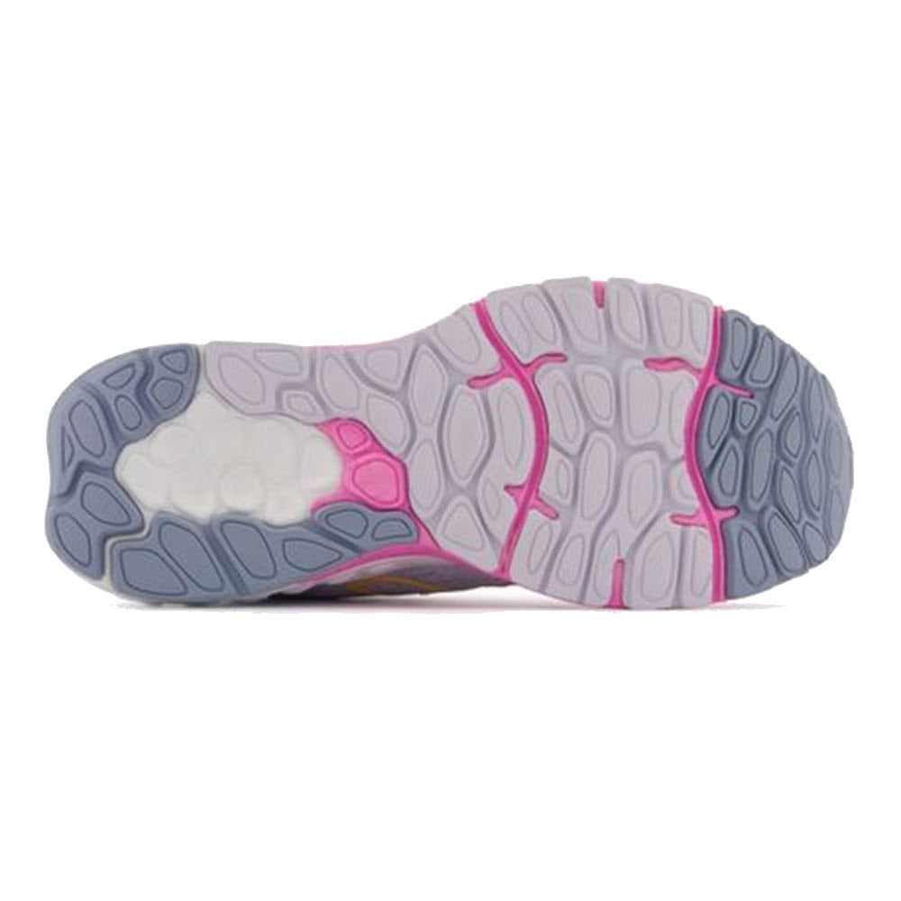 Bottom view of a New Balance Fresh Foam X 880 v12 shoe sole featuring a pattern of grey, pink, and white areas with distinct texture for daily training grip.