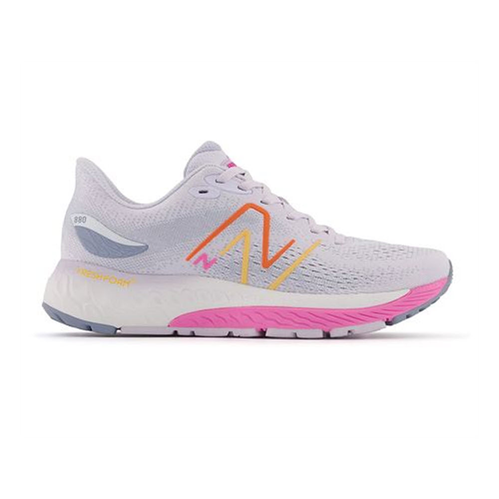 A New Balance 880V12 Libra/Pink/Orange running shoe in light gray with a white sole, featuring a neon pink and orange logo on the side.