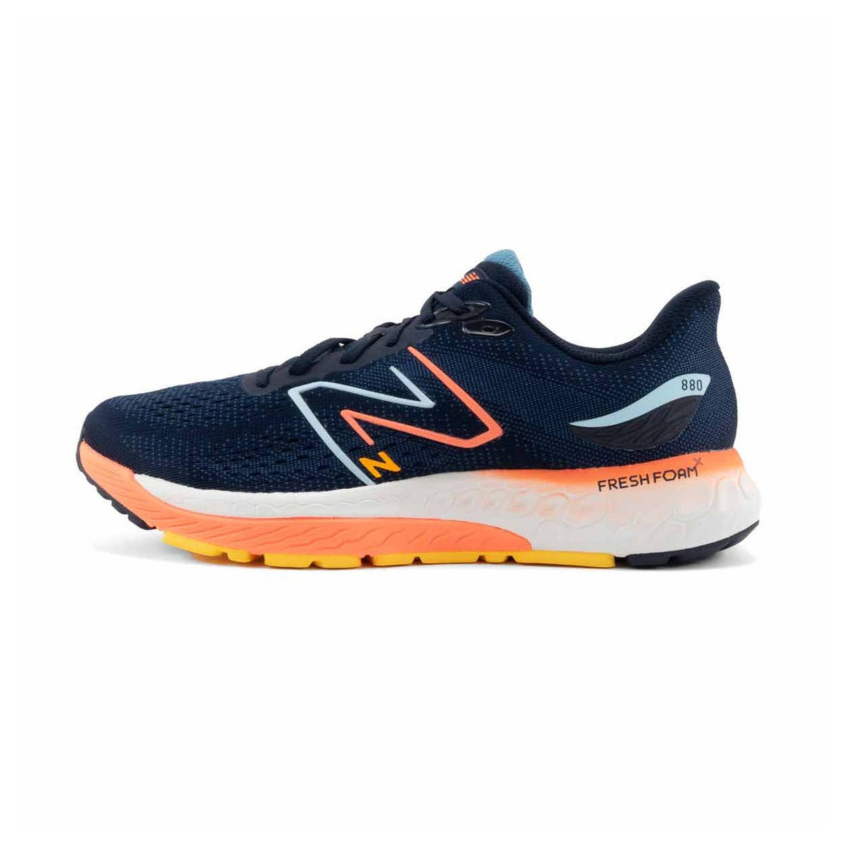 A navy blue New Balance 880v12 running shoe with orange accents and a white sole, featuring the Fresh Foam X technology and the model number 880v12.