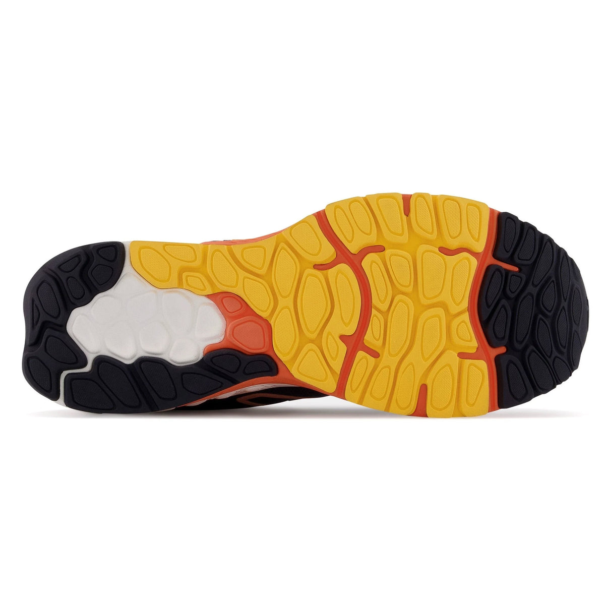 Sole of a New Balance 880v12 Eclipse/Vibrant Apricot - Mens running shoe with distinct orange, yellow, and black tread patterns and white cushioning elements.