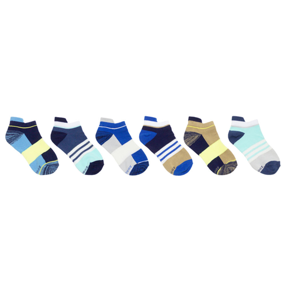 A collection of various Robeez No Show Socks 6 Pack Colorblock Boys with comfort toe seams displayed in a row against a white background.