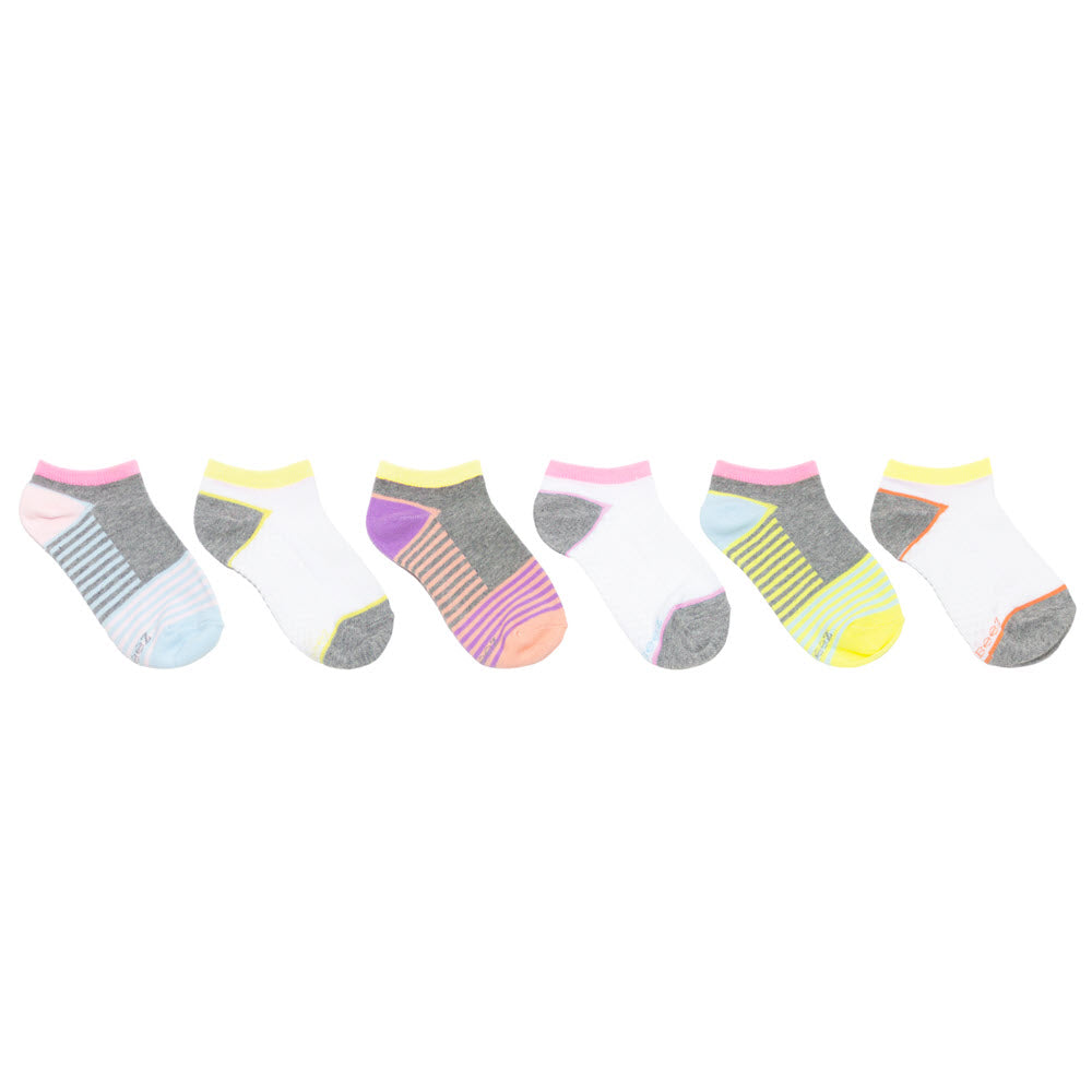 Eight pairs of assorted Robeez no show socks neatly arranged in a row on a white background.