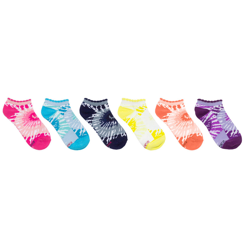 Colorful assortment of Robeez no show socks 6 pack tie dye in a row.
