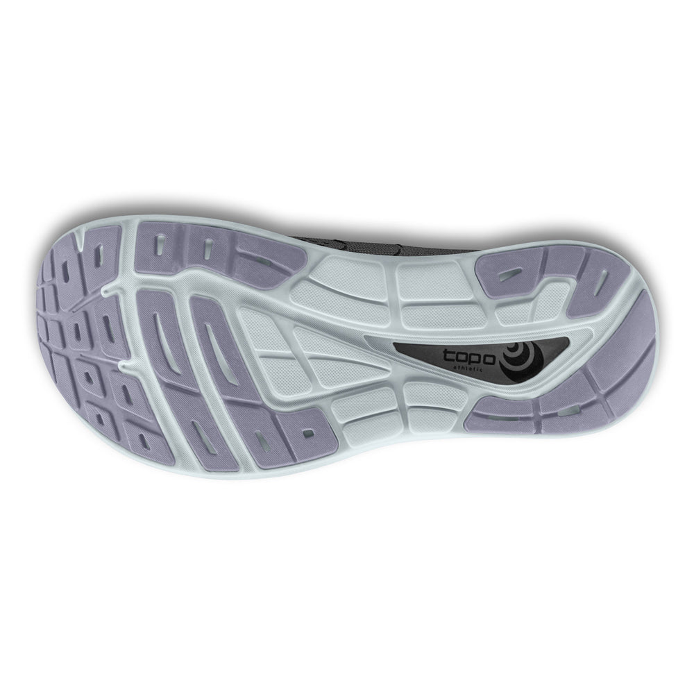 Bottom view of a Topo Phantom 2 Grey/Lilac women&#39;s athletic running shoe featuring a purple and white sole with brand logo.