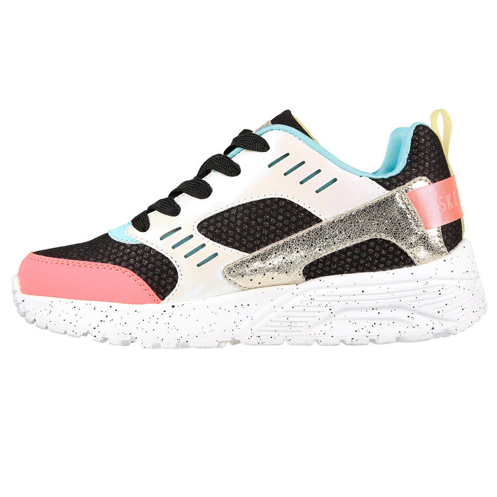 A colorful women&#39;s slip-on Skechers UNO LITE GEN COOL BLACK MULTI fashion style sneaker with a white sole and multicolored panels.