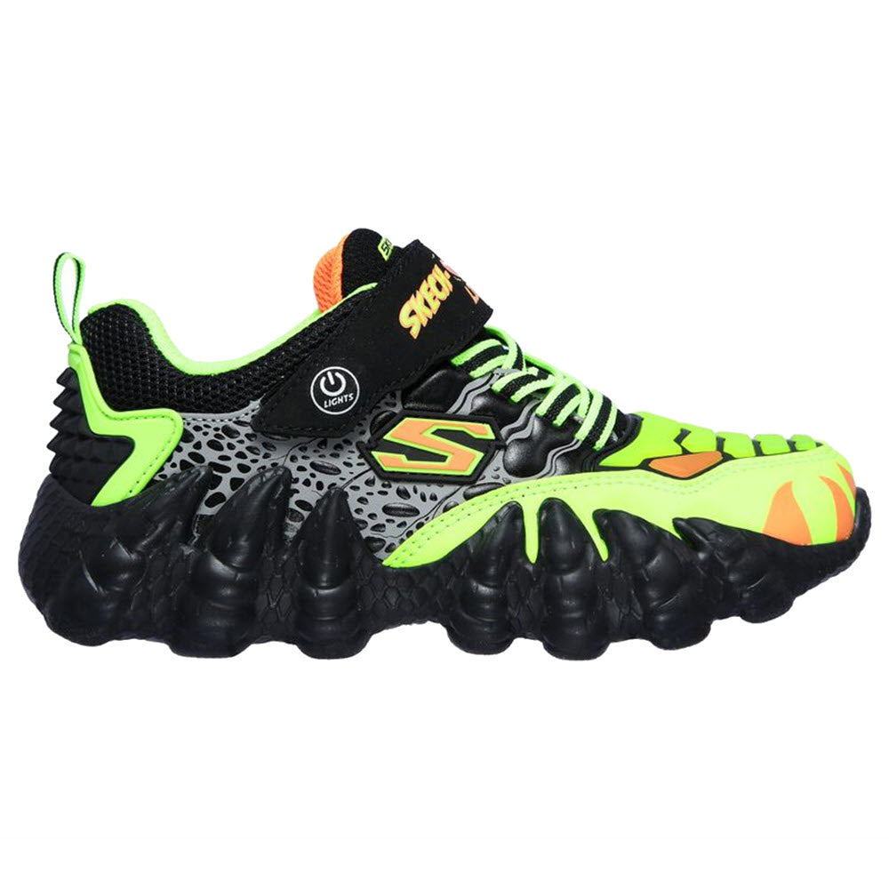 A colorful Skechers SKECH-O-SAURUS Lights sneaker with a black and neon dinosaur-inspired design and chunky sole.