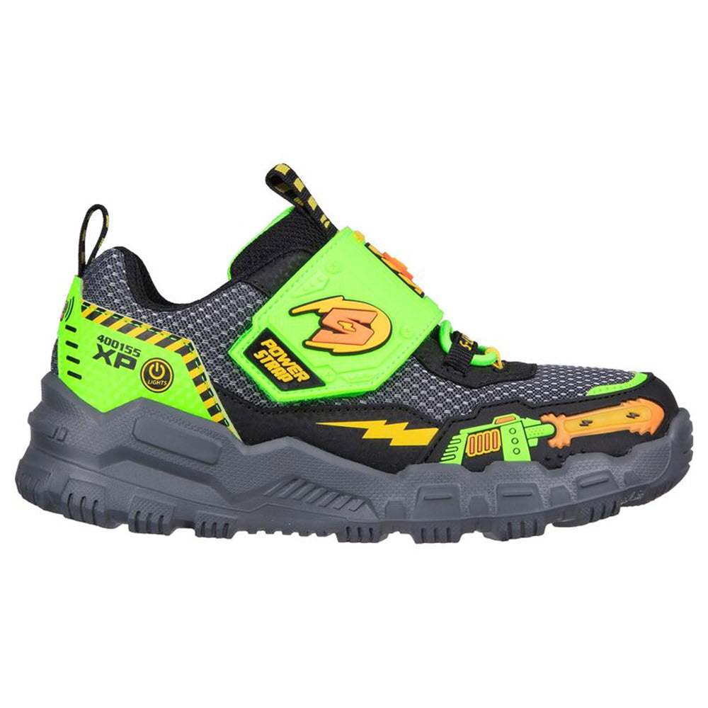 A colorful child's Skechers Adventure Track Black/Lime - Kids sneaker with vibrant green accents and superhero-themed graphics.