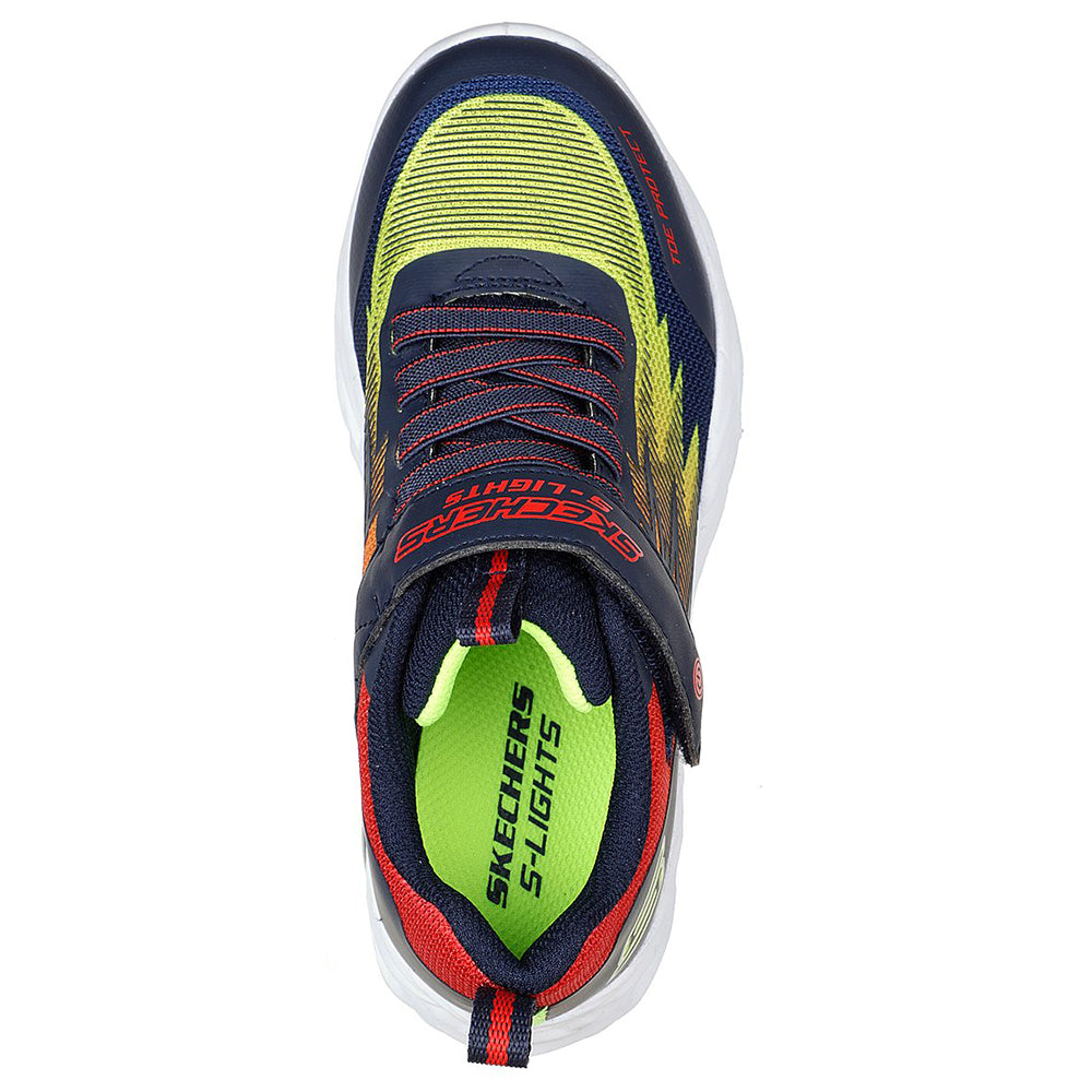 Top-down view of a colorful children&#39;s sneaker with laces, featuring branding for Skechers Vortex Flash Navy Multi - Kids and a &quot;S-Lights&quot; logo on the light-up midsole.