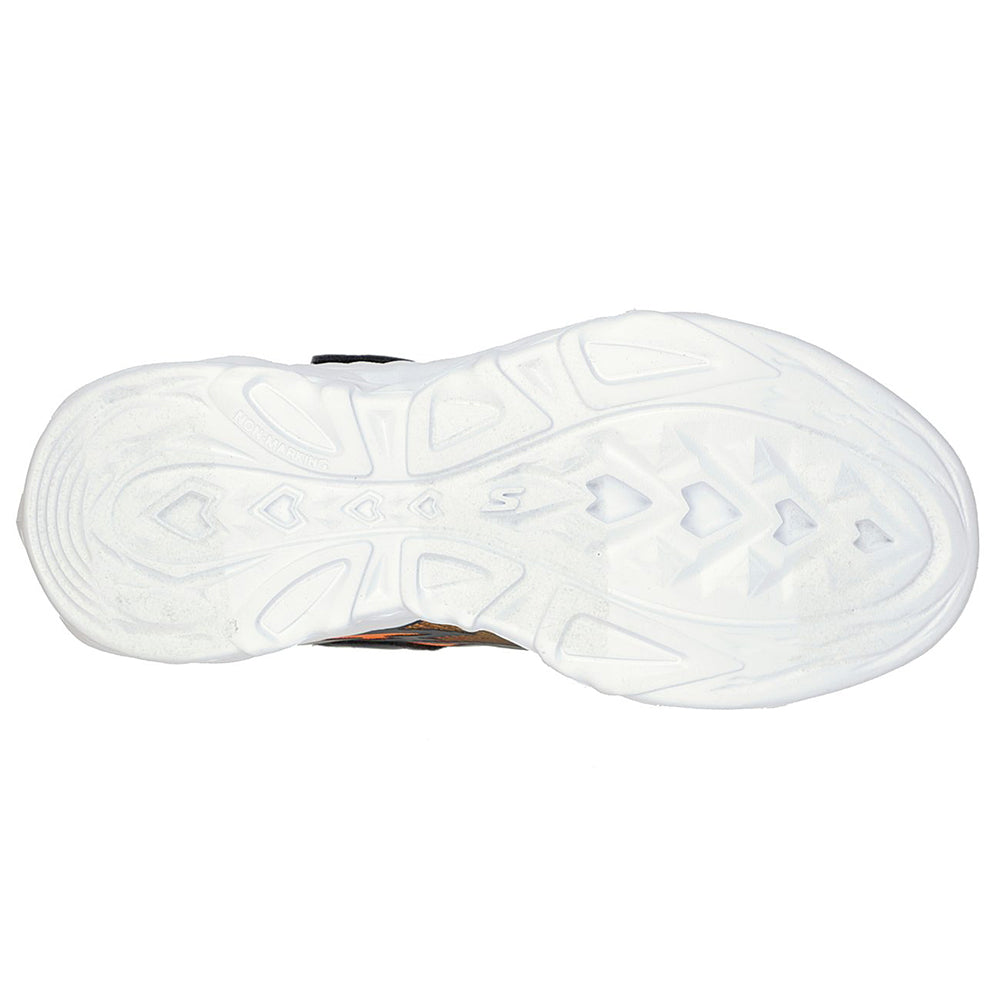 Bottom view of a boys Skechers Vortex Flash Navy Multi - Kids casual shoe with a white-soled, light-up midsole displaying its tread pattern.