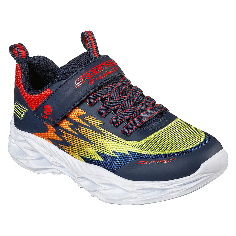A colorful Skechers Vortex Flash Navy Multi - Kids boys&#39; casual shoe with a light-up midsole.