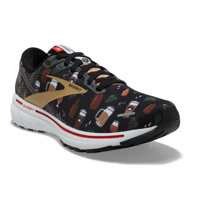 A single Brooks Ghost 14 Limited Edition Black/White/Fiery Red running shoe with a colorful, patterned design and soft cushioning.