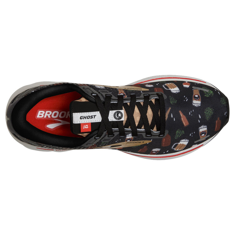 Top view of a Brooks Ghost 14 Limited Edition Black/White/Fiery Red - Womens daily trainer with a patterned insole and laced up front.