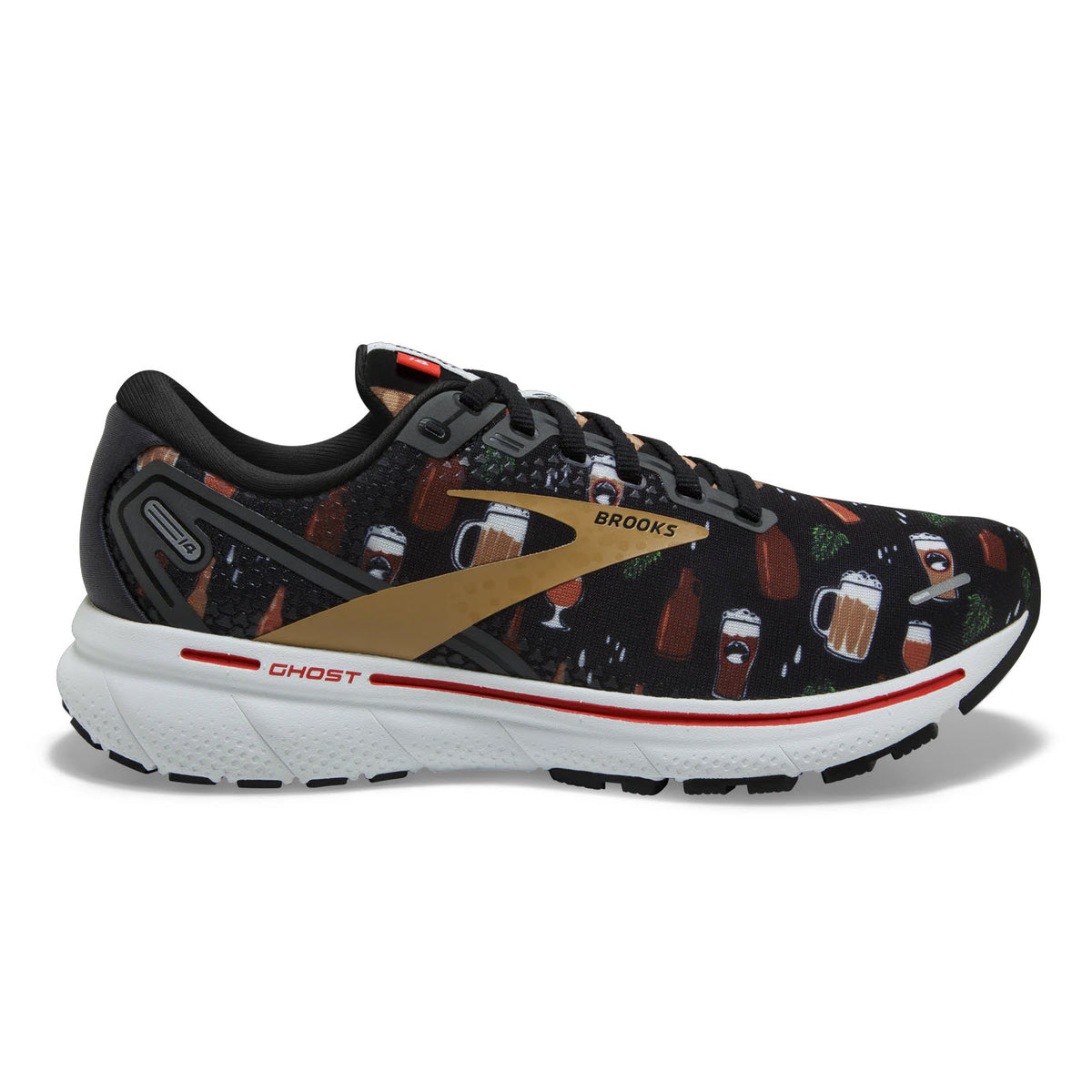 A patterned BROOKS GHOST 14 LIMITED EDITION BLACK/WHITE/FIERY RED - WOMENS running shoe with soft cushioning and ghost model branding.