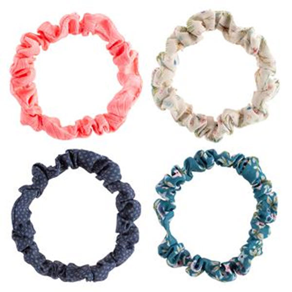 Four KARMA SLIM SCRUNCHIES BOTANICAL, made from polyester material, arranged in a square pattern.
