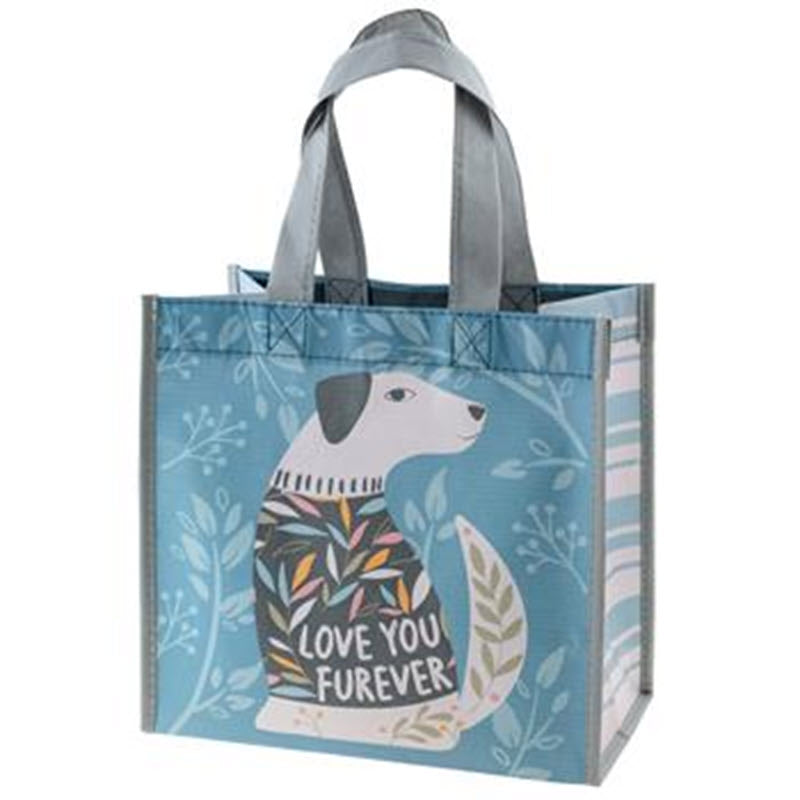 Karma reusable gift bag featuring an illustration of a dog surrounded by floral patterns, with the phrase &quot;love you forever&quot; on it.