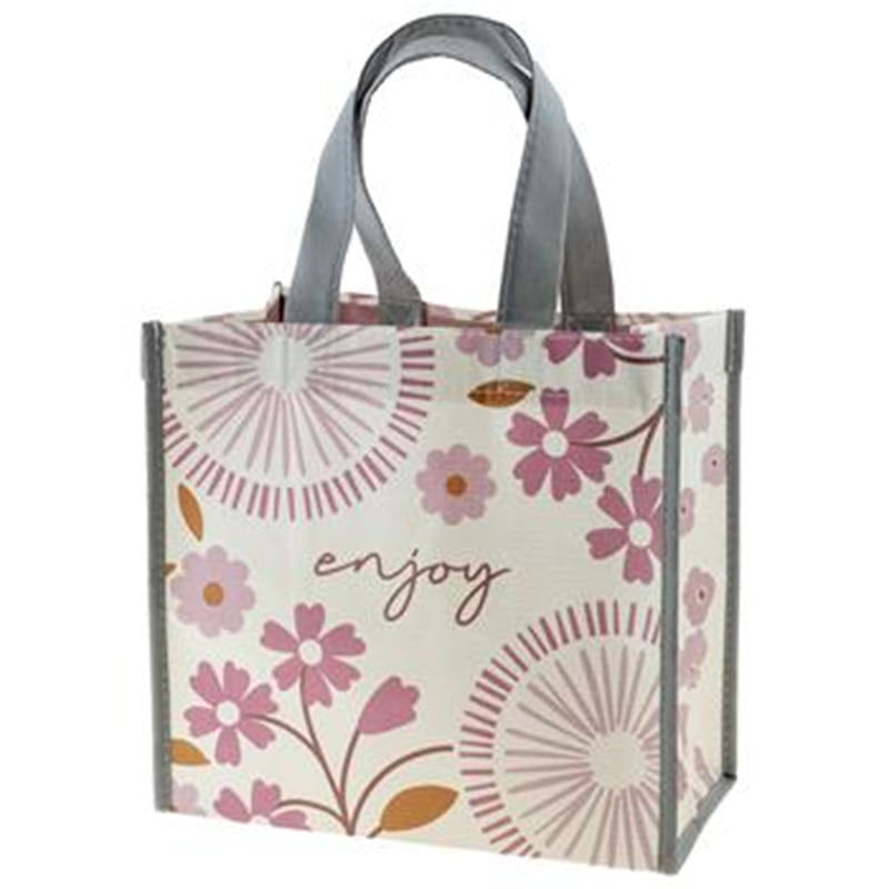 Floral patterned Karma tote bag with the word "enjoy" printed on the side, perfect as reusable gift bags.
