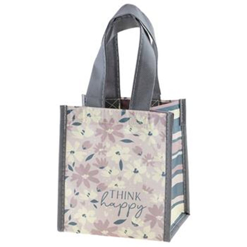 Reusable tote bag with floral pattern and the phrase &quot;think happy&quot; printed on the side, perfect as a Karma Small Gift Bag. 
Product Name: KARMA SMALL GIFT BAG LILAC FLOWER
Brand Name: Karma