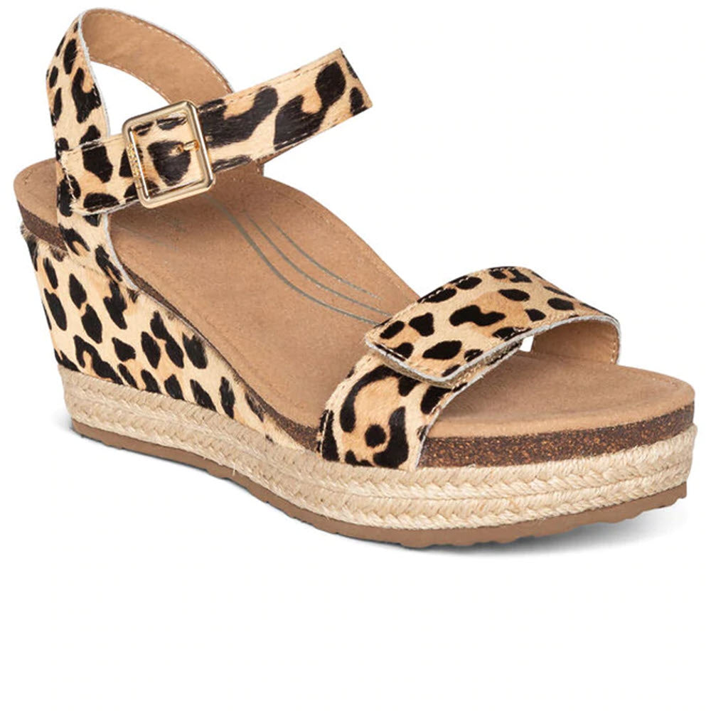 Aetrex Sydney Leopard - Women&#39;s wedge sandal with a memory foam footbed and an espadrille sole, featuring an ankle strap.