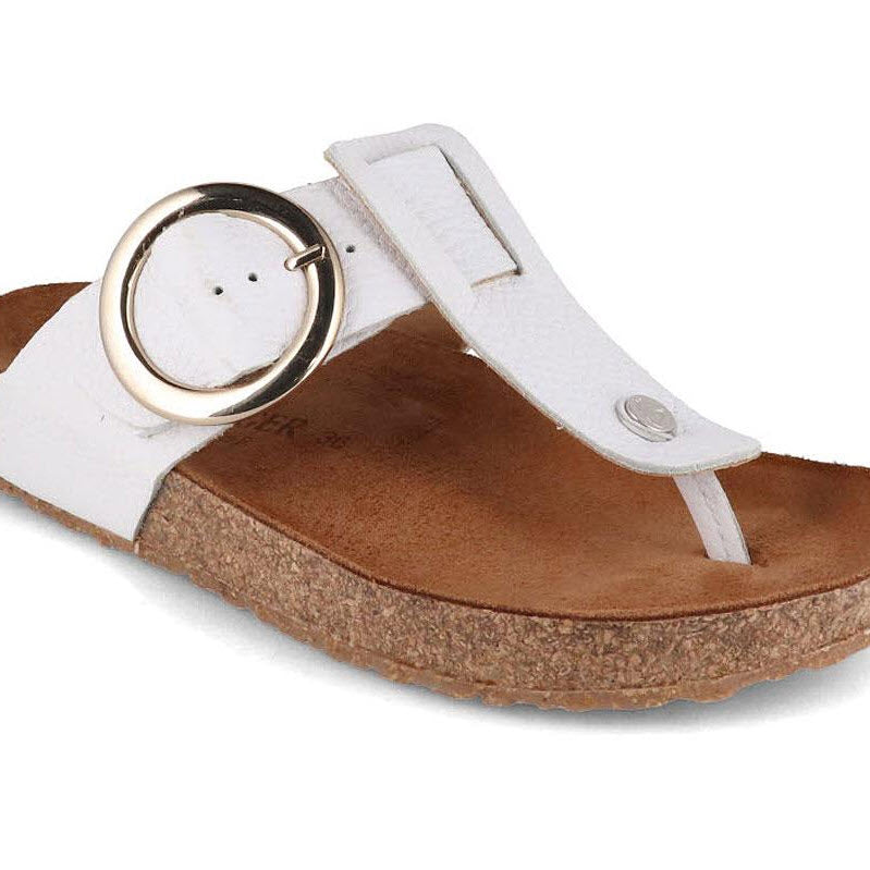Haflingers White Corinna Round Buckle sandal with a buckle and cork sole.