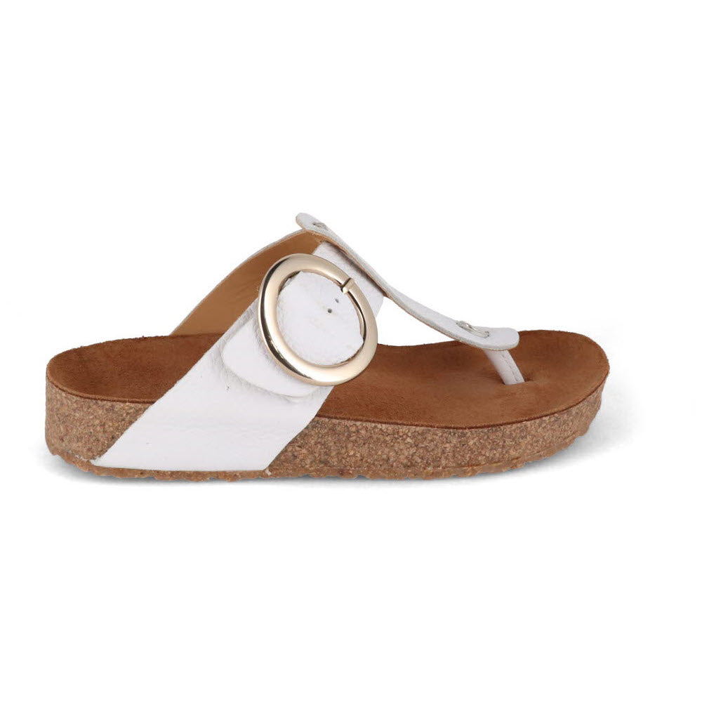 Haflingers Corinna White Pebble ROUND BUCKLE sandal with a cork sole and buckle detail.