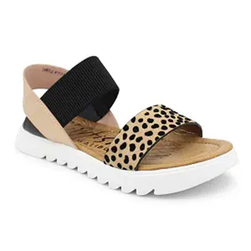 Women&#39;s open-toe sandal with a faux-leather patterned strap and white sole by Blowfish.