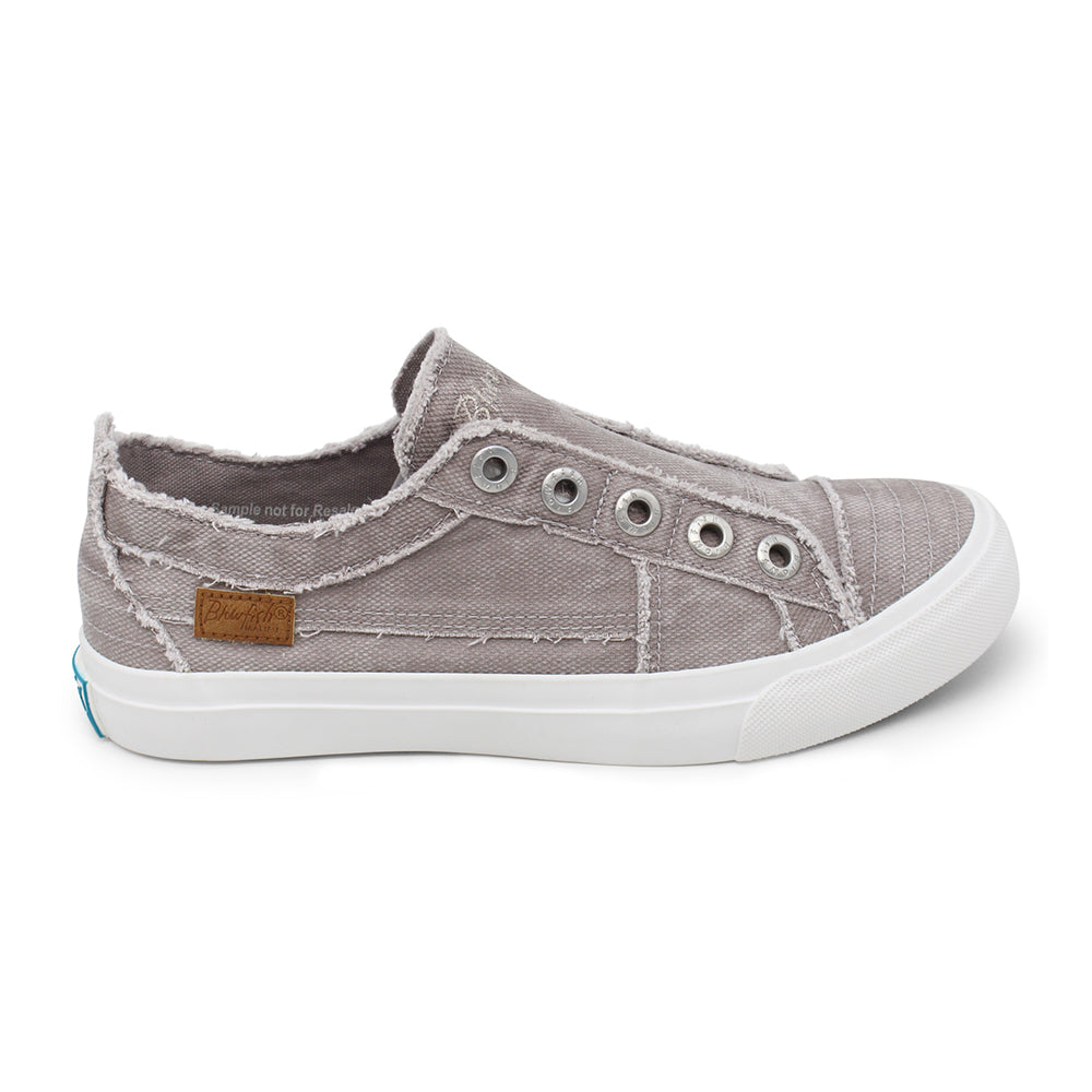 Women&#39;s casual Gray Blowfish Play Lilac Smoked slip-on sneaker with white sole and no laces.