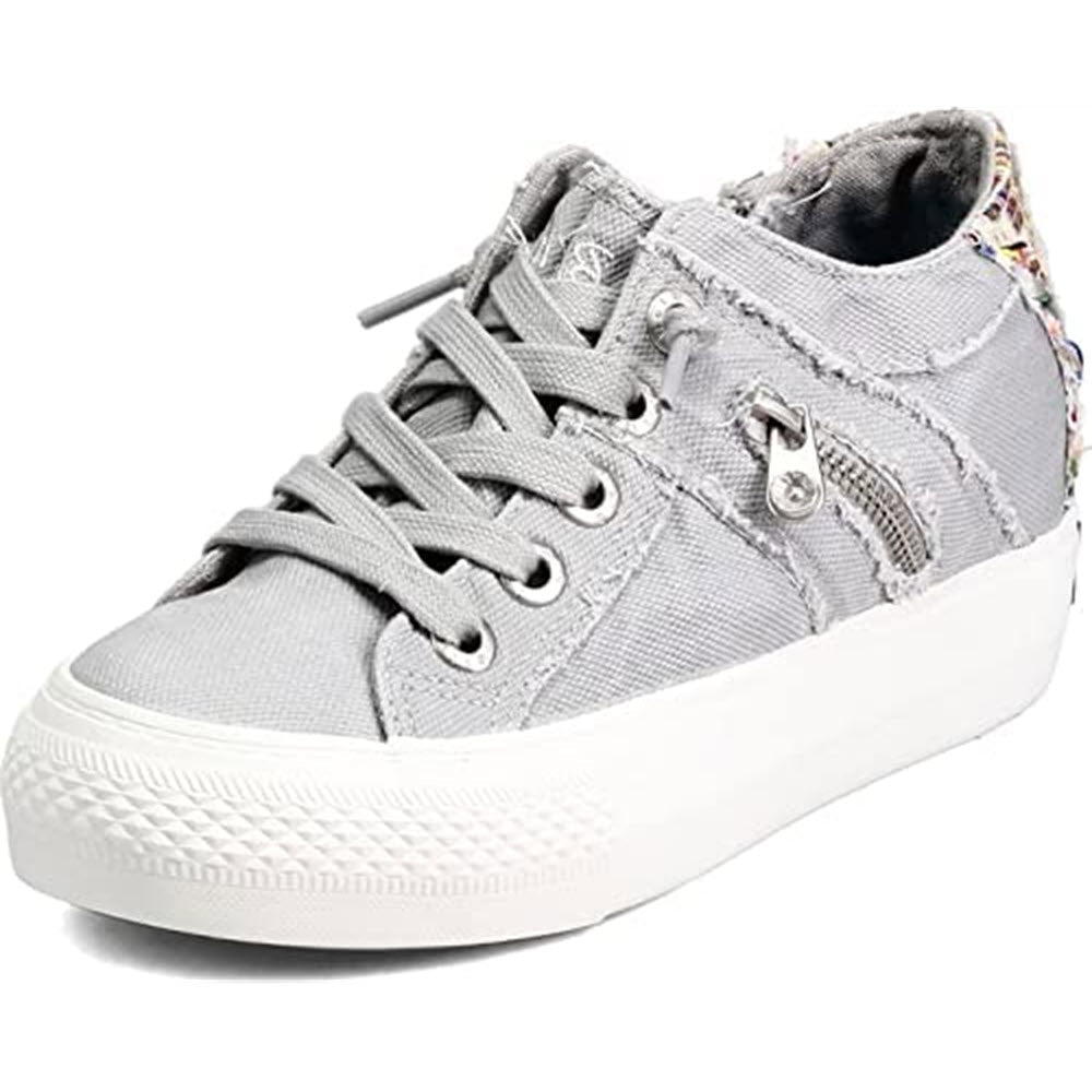 Gray low-top Blowfish Melondrop Sweet Grey Smoked sneaker with white toe cap and sole, featuring laces and zipper details.