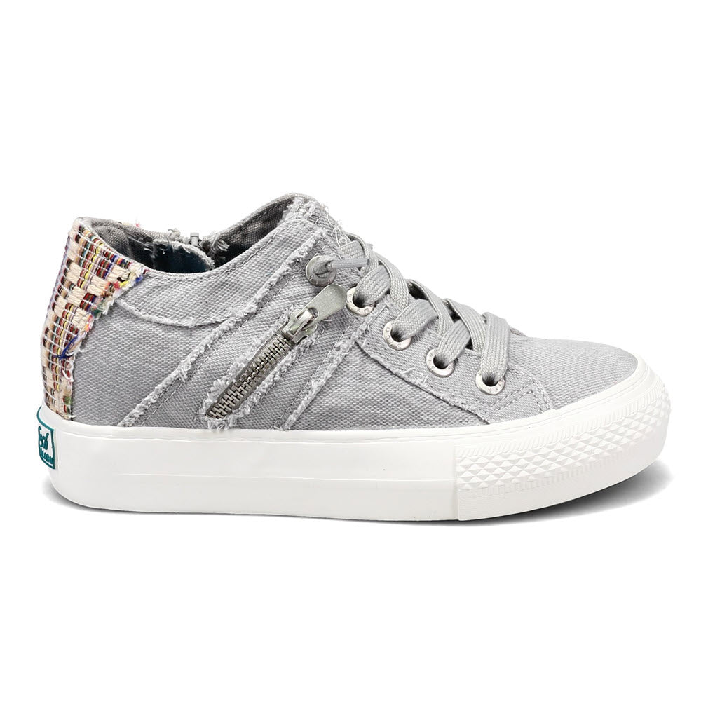 Gray Blowfish Melondrop Sweet Grey Smoked casual sneaker with a patterned interior and a zipper detail on a white background.