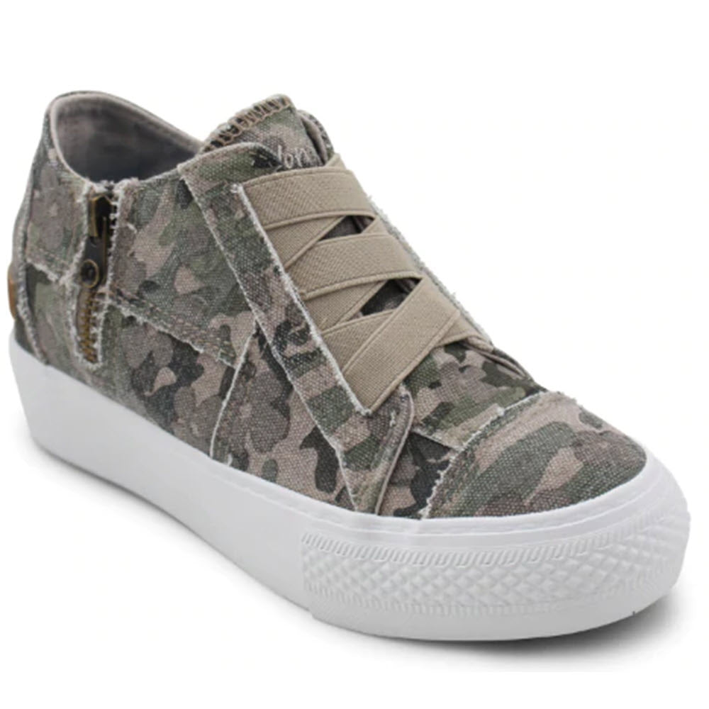 Blowfish Mamba Natural Love Not War Camo print slip-on sneaker with elastic bands and a breathable canvas upper.