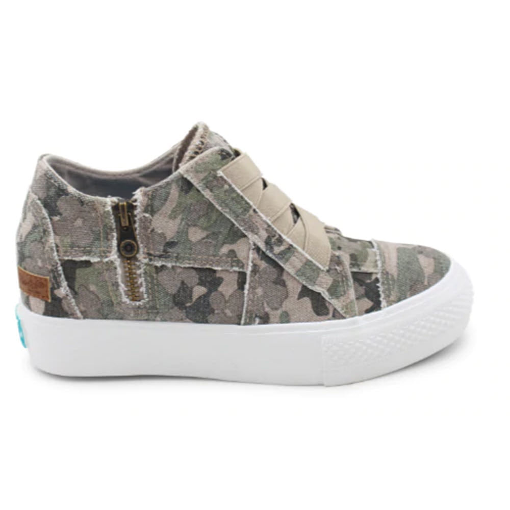 A single Blowfish Mamba Natural Love Not War Camo high-top sneaker with a breathable canvas upper, zipper, and velcro closure on a white background.