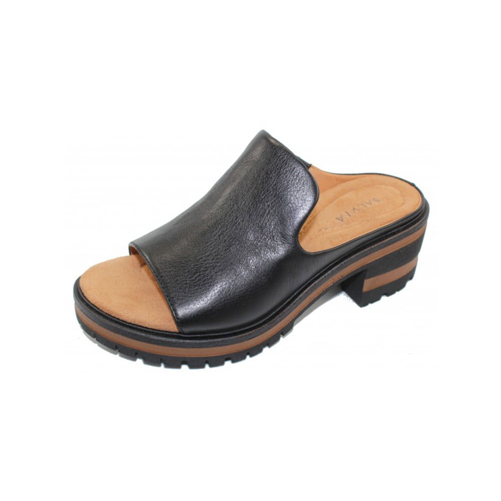 Salvia black leather slip-on platform sandal with a wide strap and chunky heel.
