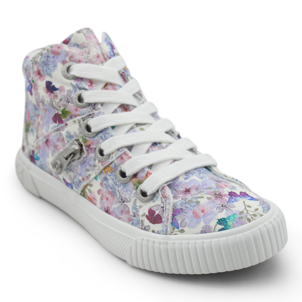 High-top sneaker with pre-distressed upper and floral print design on a white background, like the Blowfish Fruitcake Lilac Sentosa - Kids.