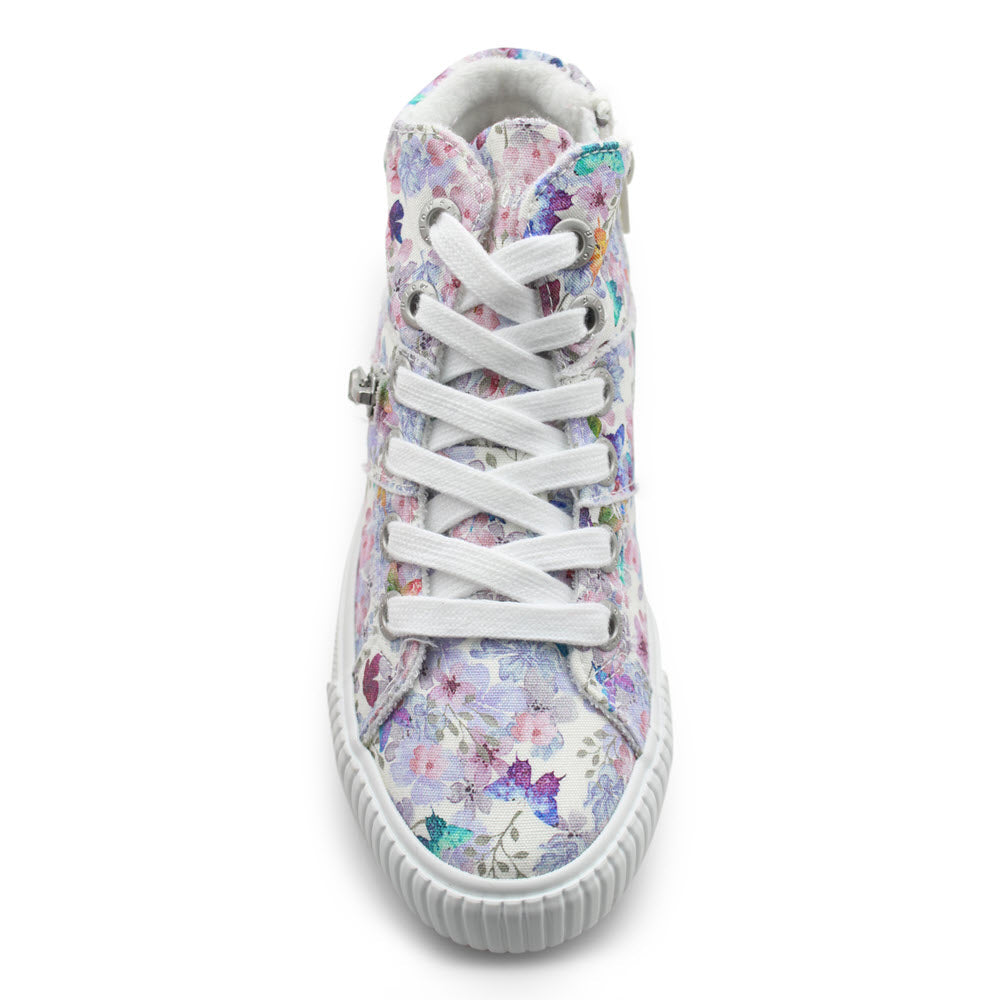 A pre-distressed upper, floral-patterned high-top sneaker with white laces on a white background is the Blowfish Fruitcake Lilac Sentosa - Kids.