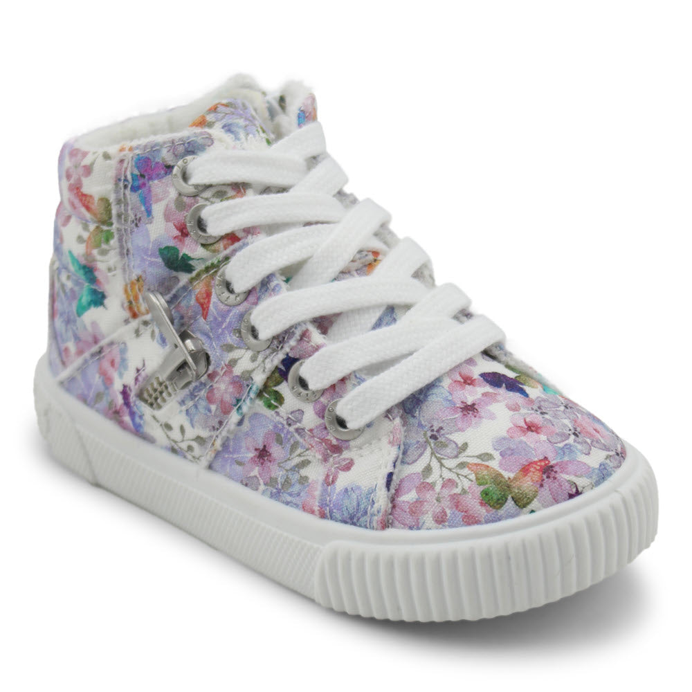 Children&#39;s high-top sneaker with a floral print on a white background and a super foam insole - Blowfish Fruitcake Lilac Sentosa - Toddlers.