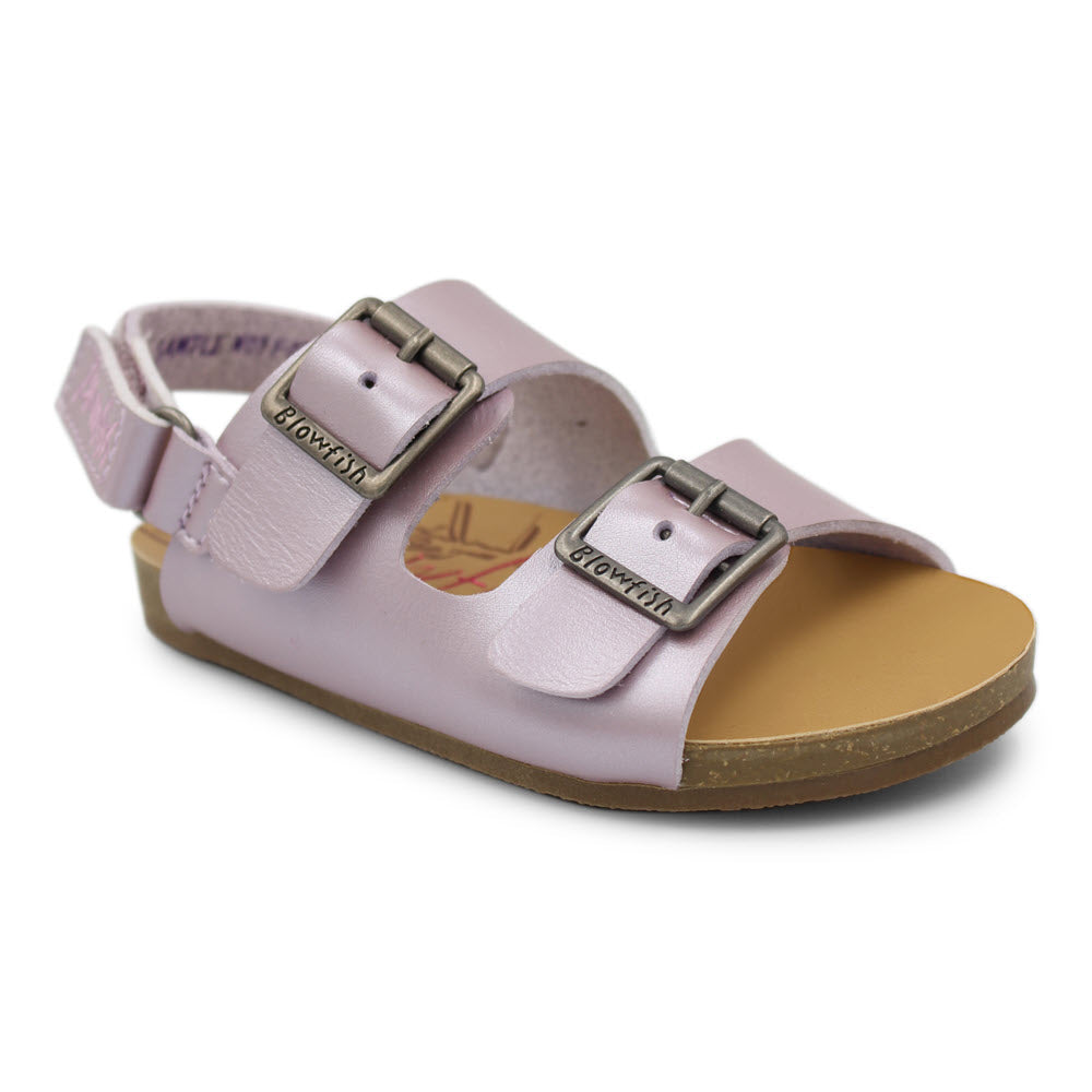 A single BLOWFISH GOOBER PURPLE QUARTZ sandal with a distressed buckle detailing on a white background.