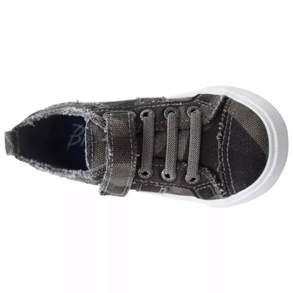 Top view of a plaid patterned Blowfish Pauly Grey Camouflage Casual Shoe with elastic straps and a white sole.