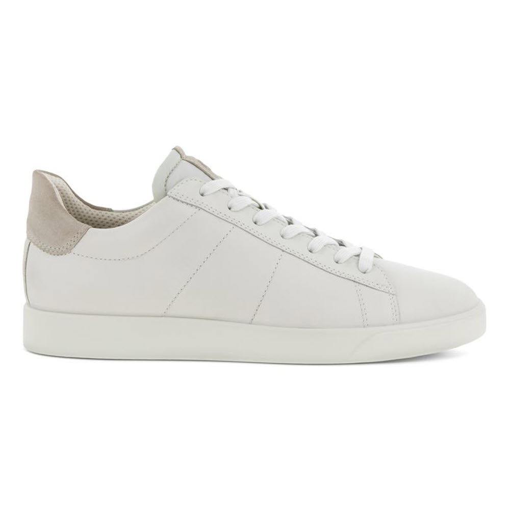 Contemporary Ecco white low-top sneaker with lace-up front and beige heel tab.