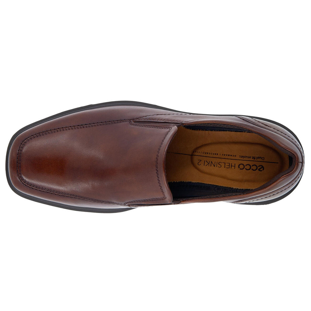 Top view of a brown leather Ecco Helsinki 2.0 men&#39;s casual shoe. 
Revised: Top view of a brown leather ECCO HELSINKI 2.0 APRON SLIP ON COGNAC - MENS by Ecco.