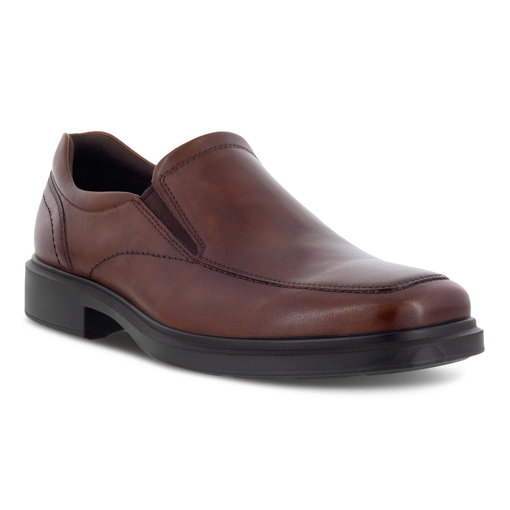 A single cognac leather Ecco Helsinki 2.0 Apron Slip On men's casual dress shoe with a black sole, displayed against a white background.
