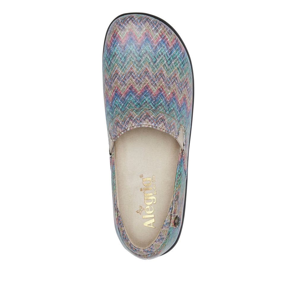 A multicolored zigzag-patterned Alegria Keli Woven Wonder - Womens slip-on shoe.