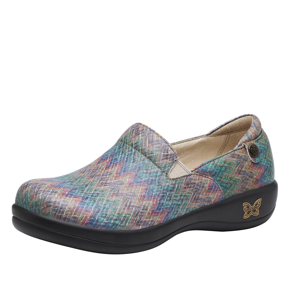 Multicolored Alegria Keli Woven Wonder slip-on women&#39;s shoe with a small butterfly emblem.