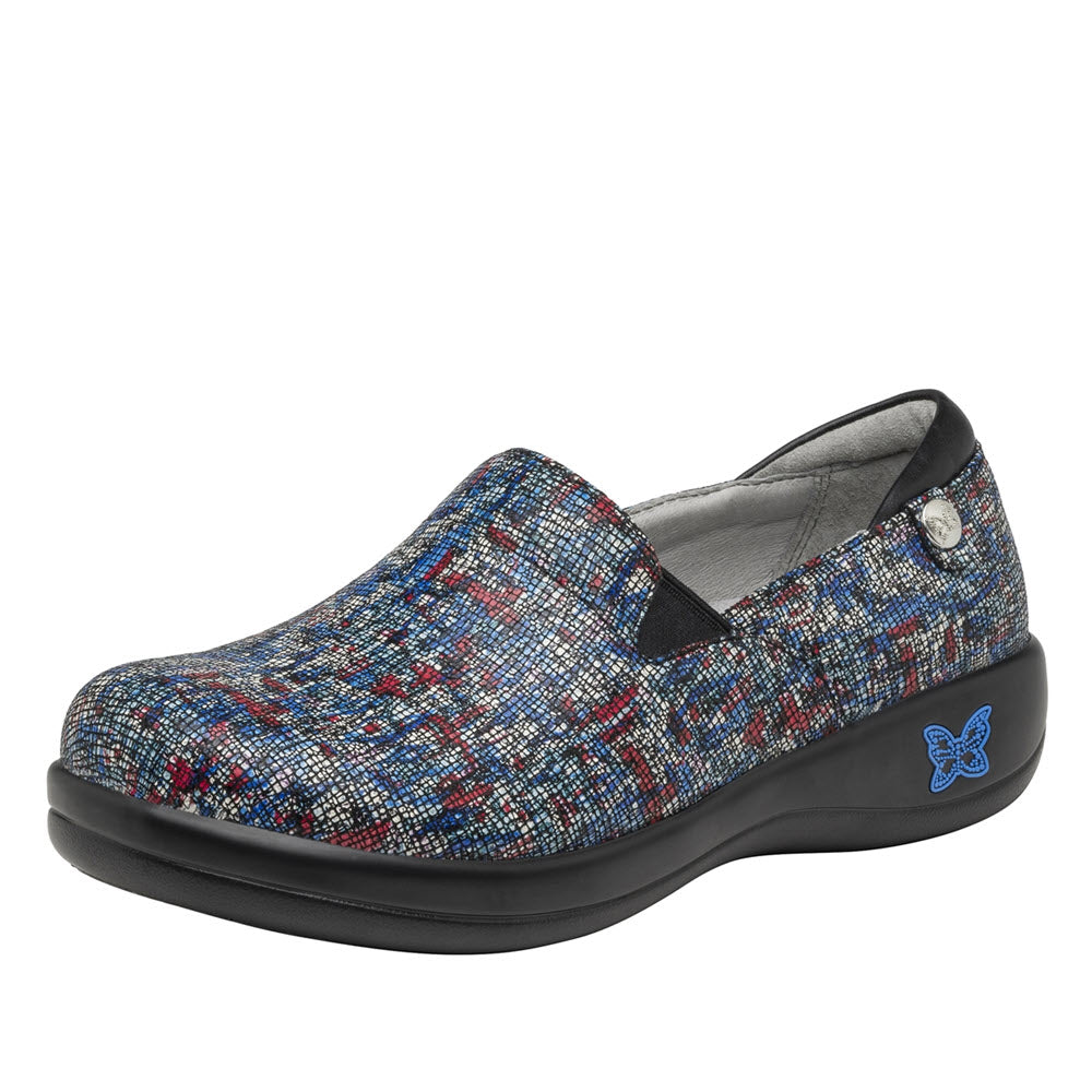 A colorful woven-patterned ALEGRIA KELI THE WHOLE SHEBANG slip-on shoe with a side emblem.