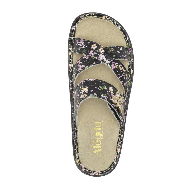 Floral-patterned women&#39;s Alegria Victoriah - Dog and Butterfly slide sandal with multiple straps and a slip-resistant sole.