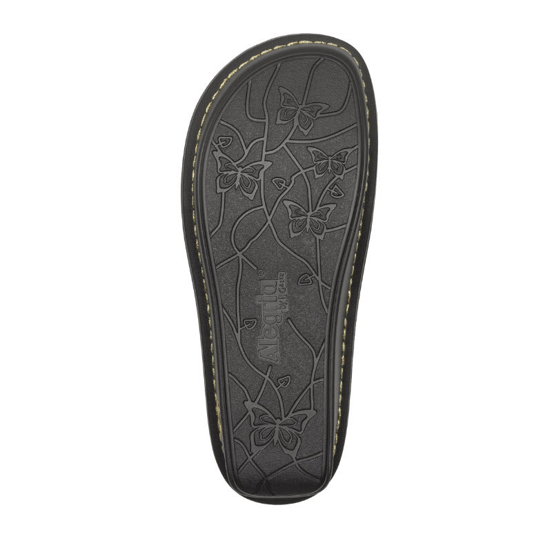 Black Alegria Victoriah Dog and Butterfly Mary Jane shoe sole with slip-resistant floral pattern design.