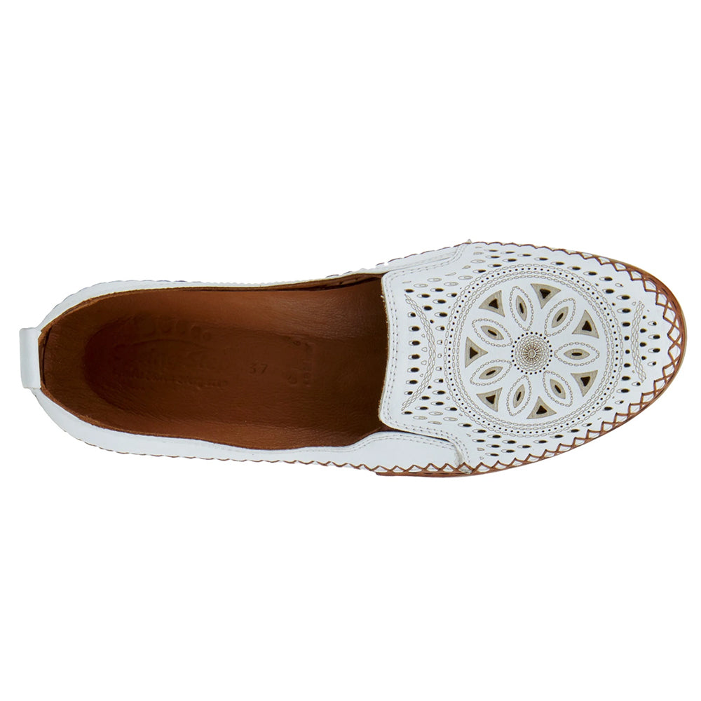 Top view of a Spring Step Ingrid White - Womens flat shoe with decorative laser-cut patterns and brown insole.