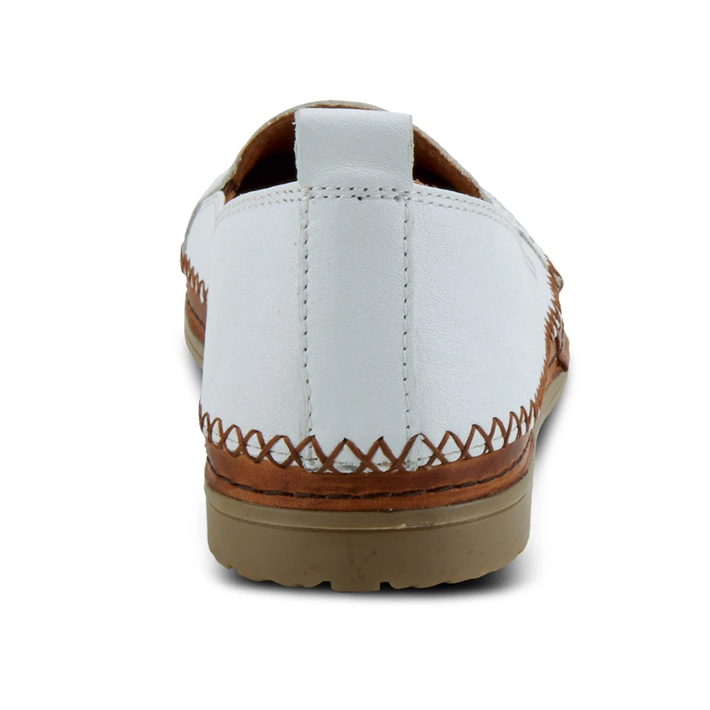 Rear view of a white leather Spring Step Ingrid White - Women&#39;s shoe with decorative stitching and a rubber sole, isolated on a white background.