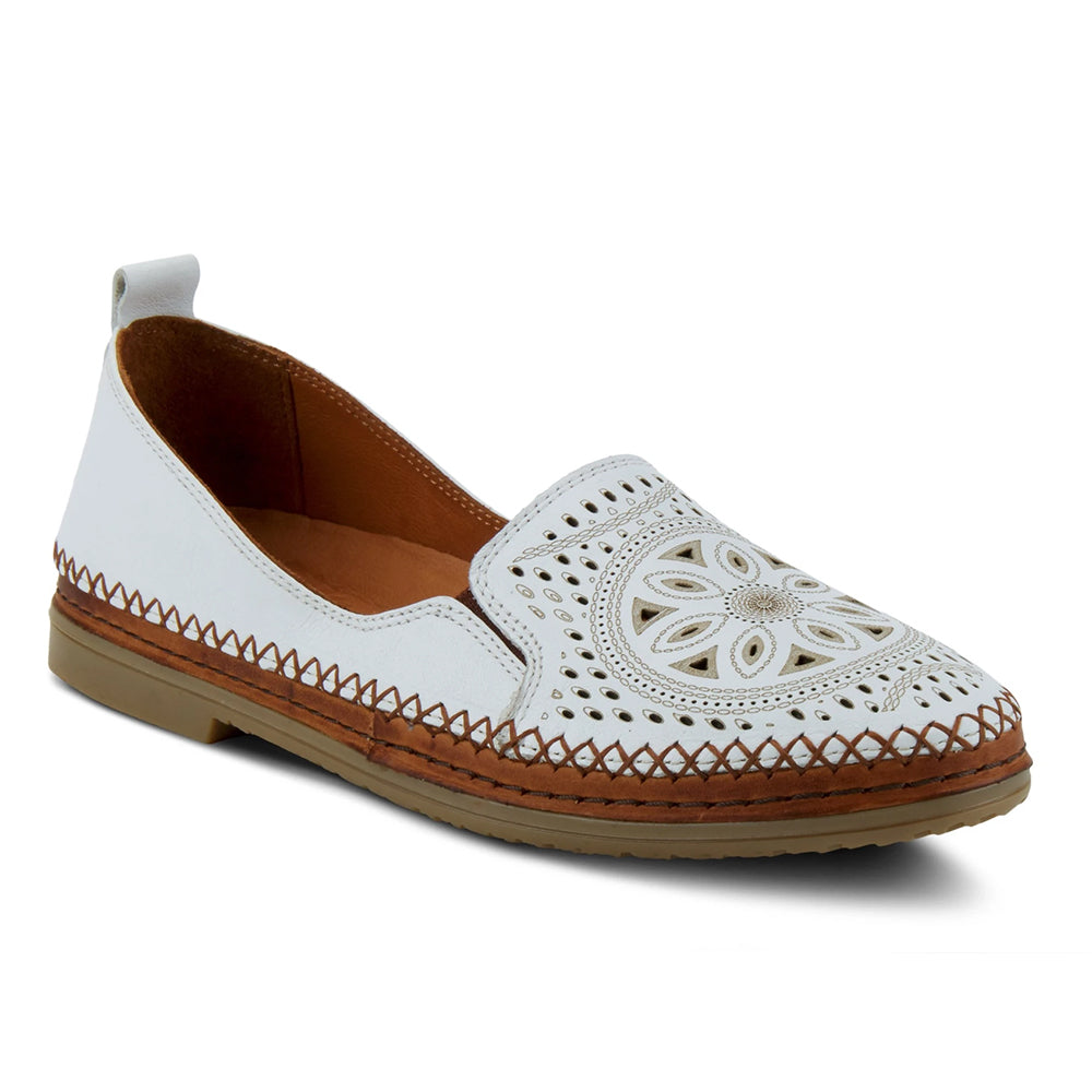 Spring Step Womens Ingrid White perforated leather loafer with decorative cut-outs and a tan rubber sole on a white background.