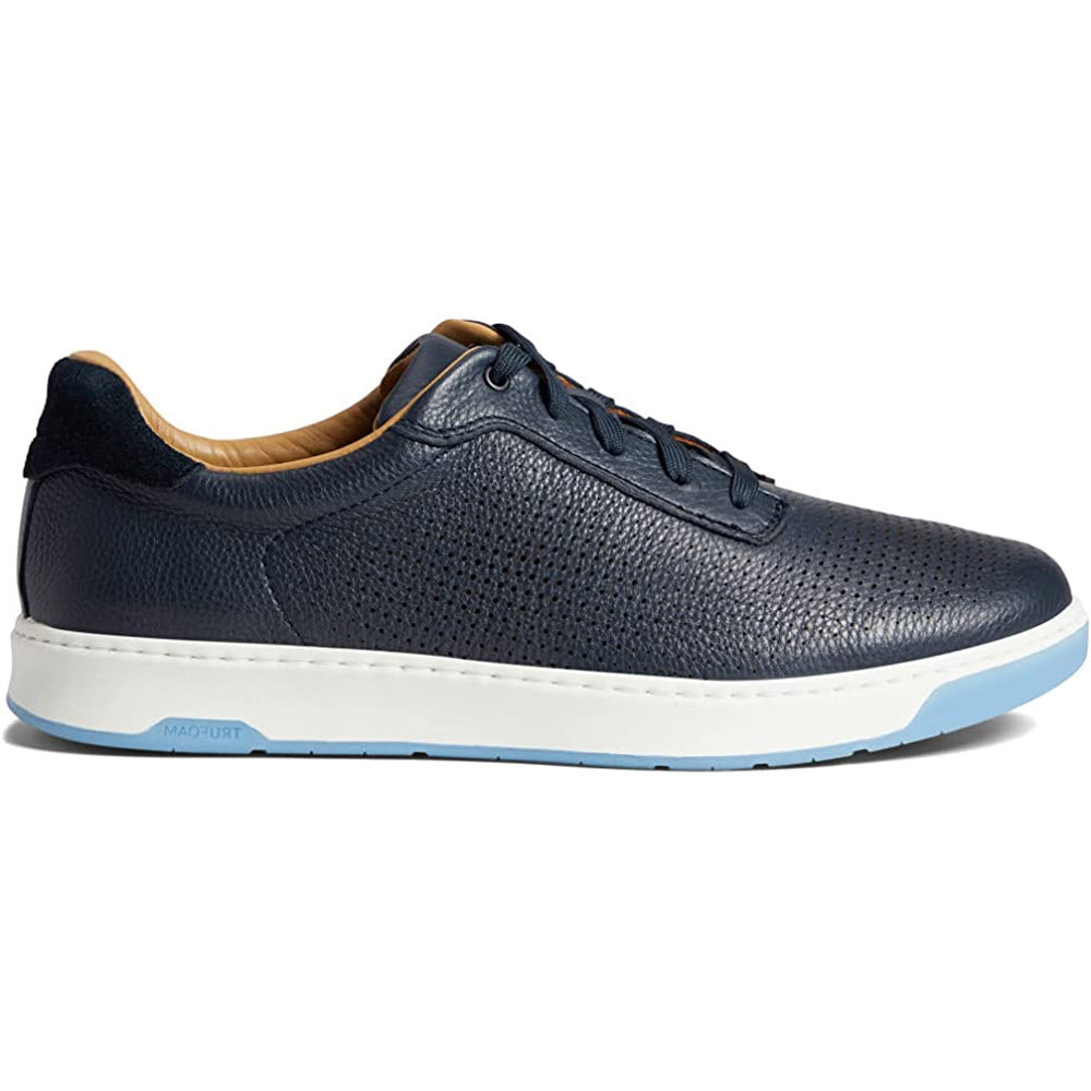 A single navy blue Johnston &amp; Murphy Daxton U-Throat men&#39;s casual sneaker with a white sole.