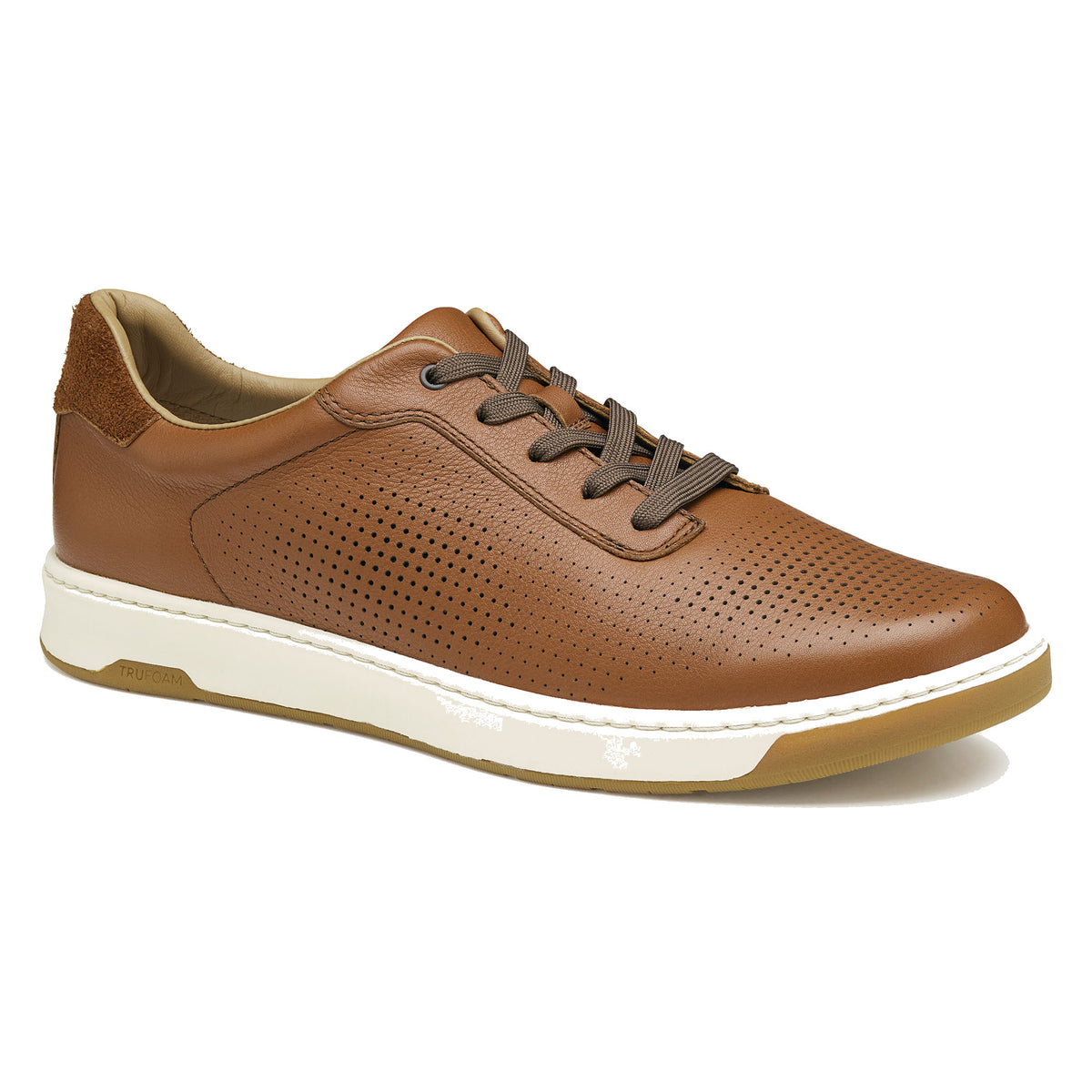 A brown Johnston &amp; Murphy Daxton U-Throat tan casual full-grain leather sneaker with perforations and a white sole.